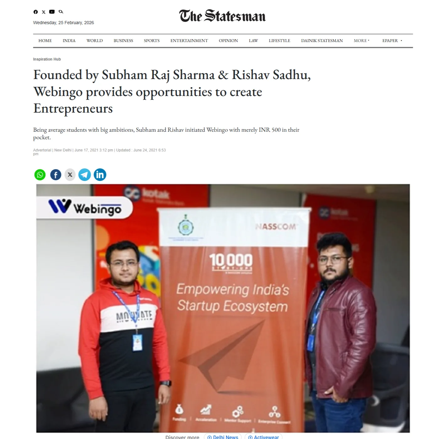 Statesman feature on Webingo founders